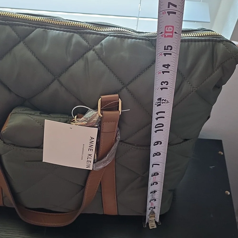 Anne Klein Quilted Nylon Tote‎ Bag w Zip Pouch Olive Green NWT